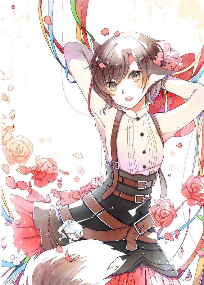 1girl animal_ears blue_ribbon brown_eyes brown_hair corset dress_shirt emo_(ricemo) eyebrows_visible_through_hair flower hands_in_hair long_sleeves looking_at_viewer open_mouth red_flower red_ribbon red_rose red_skirt ribbon rose ruby_rose rwby shirt short_hair skirt solo tail white_background white_shirt