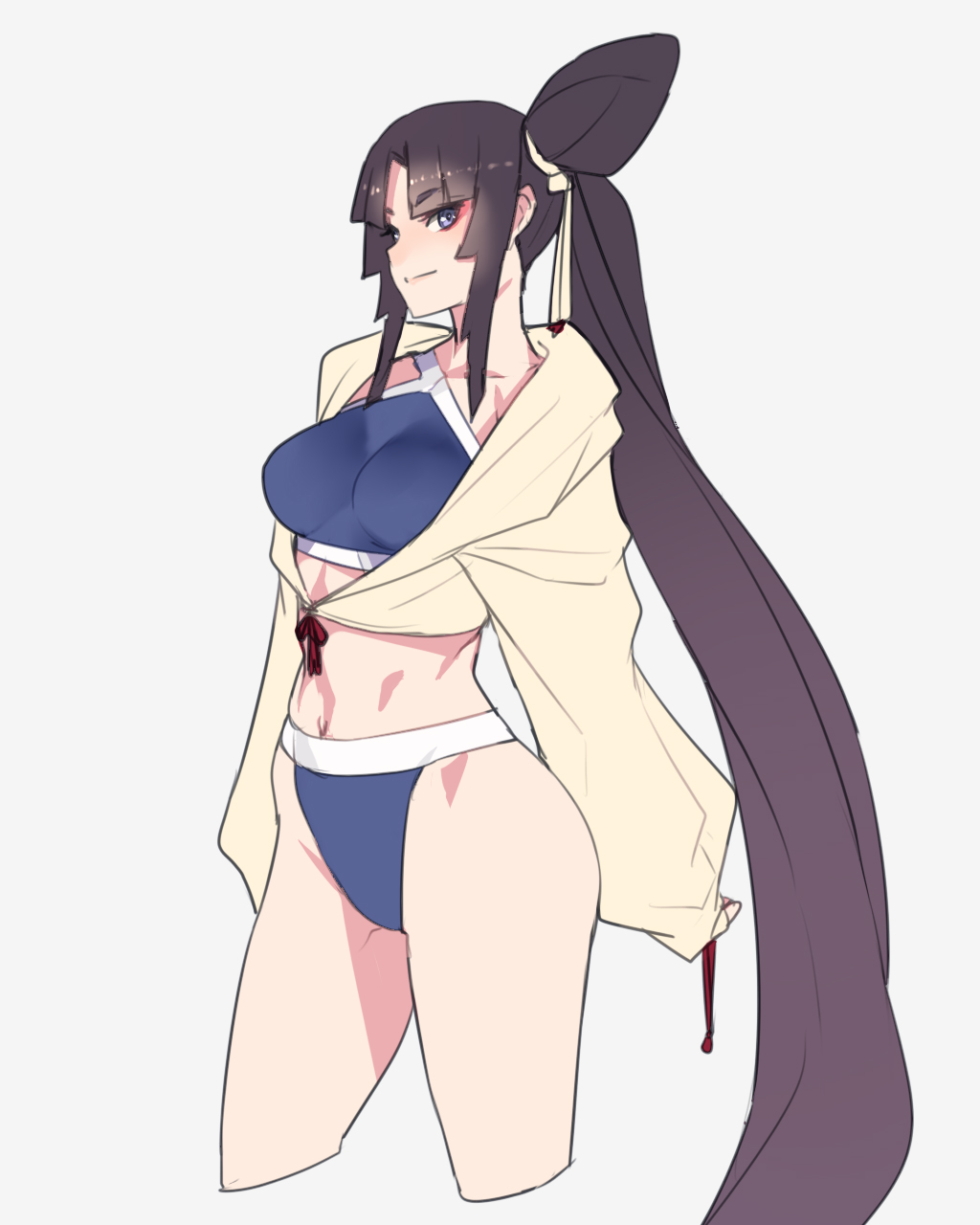 1girl ban bangs bikini black_hair blue_bikini blue_eyes blunt_bangs breasts closed_mouth collarbone cropped_jacket eyeshadow fate/grand_order fate_(series) grey_background grey_eyes hair_bun hair_ribbon highres hips jacket jacket_over_swimsuit long_hair long_sleeves looking_at_viewer makeup medium_breasts midriff navel ribbon short_eyebrows side_ponytail simple_background smile solo swimsuit thighs ushiwakamaru_(fate/grand_order) ushiwakamaru_(swimsuit_assassin)_(fate) very_long_hair waist white_background yellow_jacket