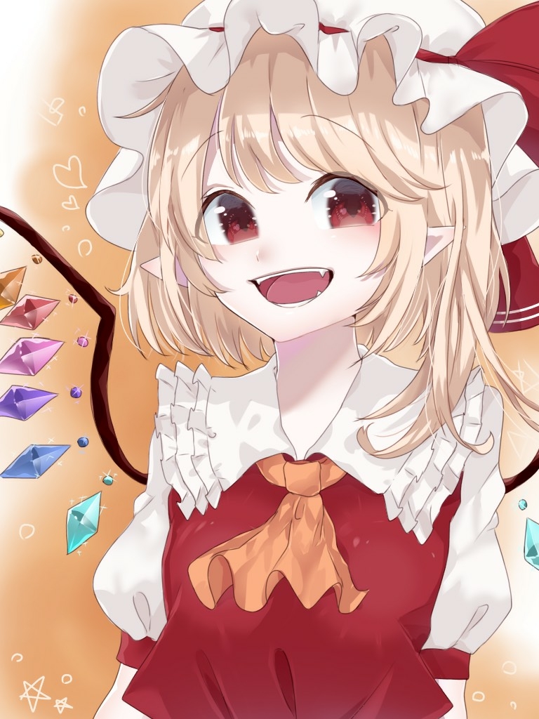 1girl :d ascot bangs blonde_hair blush commentary_request crystal esatongi eyebrows_visible_through_hair fangs flandre_scarlet frilled_shirt_collar frills gradient gradient_background hat hat_ribbon heart long_hair looking_at_viewer mob_cap one_side_up open_mouth orange_background pointy_ears puffy_short_sleeves puffy_sleeves red_eyes red_ribbon red_vest ribbon shirt short_sleeves smile solo star touhou upper_body vest white_background white_hat white_shirt wings yellow_neckwear