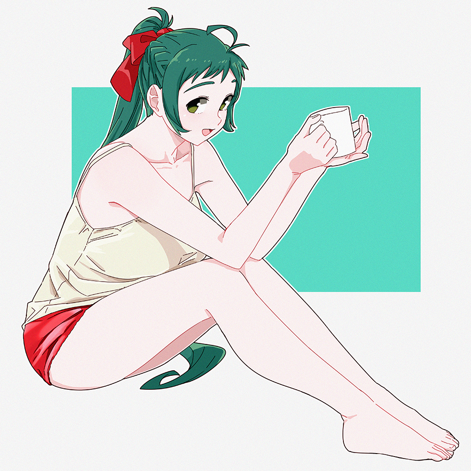 1girl barefoot camisole casual cup full_body green_background green_eyes green_hair grey_background irako_(kantai_collection) kantai_collection long_hair looking_at_viewer mug ojipon ponytail rectangle red_shorts short_shorts shorts sitting sleeveless solo spaghetti_strap two-tone_background