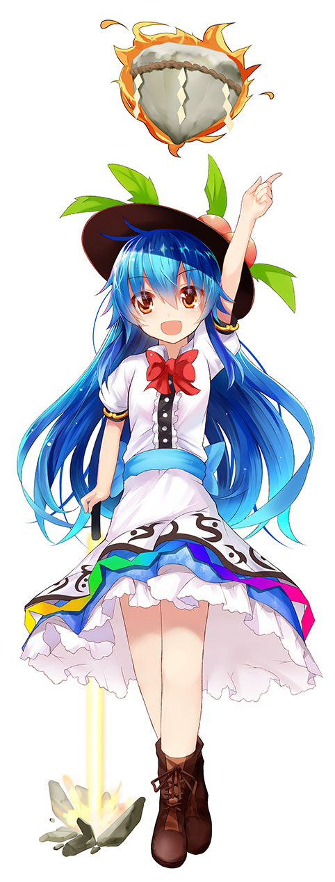 1girl arm_up bangs black_hat blue_hair blue_ribbon blue_skirt bow bowtie brown_footwear buttons cross-laced_footwear dress dress_shirt efe eyebrows_visible_through_hair fire food frills fruit full_body hat highres hinanawi_tenshi index_finger_raised keystone leaf long_hair looking_at_viewer neck_ribbon open_mouth orange_eyes peach petticoat puffy_short_sleeves puffy_sleeves rainbow_gradient rainbow_order red_bow red_neckwear ribbon sash shirt shoes short_sleeves skirt smile solo standing sword_of_hisou touhou white_shirt wing_collar