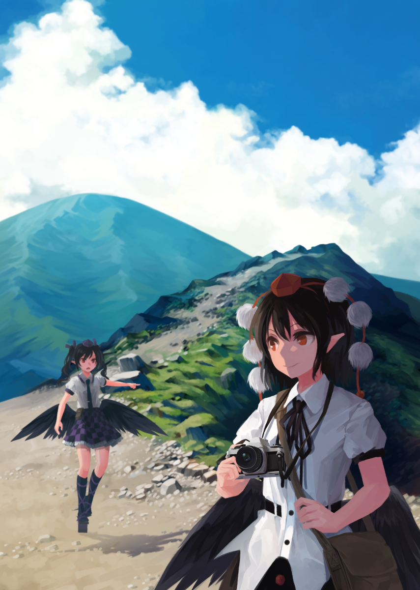 2girls akaiha_(akaihasugk) arm_up bag belt bird_wings black_hair black_legwear black_neckwear black_skirt blue_sky camera clouds commentary_request day feathered_wings geta grass hair_ribbon hat highres himekaidou_hatate holding holding_camera leg_ribbon looking_at_another looking_to_the_side mountain multiple_girls necktie outdoors outstretched_arm plaid plaid_skirt pointing pointy_ears puffy_short_sleeves puffy_sleeves purple_ribbon red_eyes ribbon road rock satchel shadow shameimaru_aya shirt short_hair short_sleeves single-lens_reflex_camera skirt sky smile tengu-geta thigh-highs tie_clip tokin_hat touhou two_side_up upper_body walking white_shirt wings