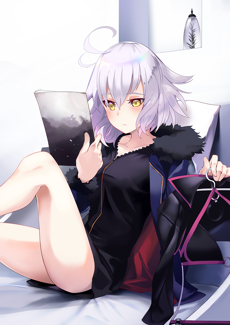 1girl ahoge bangs bikini black_bikini black_dress blush breasts closed_mouth collarbone commentary_request dress eyebrows_visible_through_hair fate/grand_order fate_(series) fingernails fur-trimmed_jacket fur-trimmed_sleeves fur_trim hair_between_eyes highres holding jacket jeanne_d'arc_(alter)_(fate) jeanne_d'arc_(fate)_(all) long_sleeves looking_away o-ring o-ring_bikini o-ring_bottom o-ring_top open_clothes open_jacket pillow purple_jacket shrug_(clothing) silver_hair sitting small_breasts solo soupchan swimsuit wicked_dragon_witch_ver._shinjuku_1999 yellow_eyes