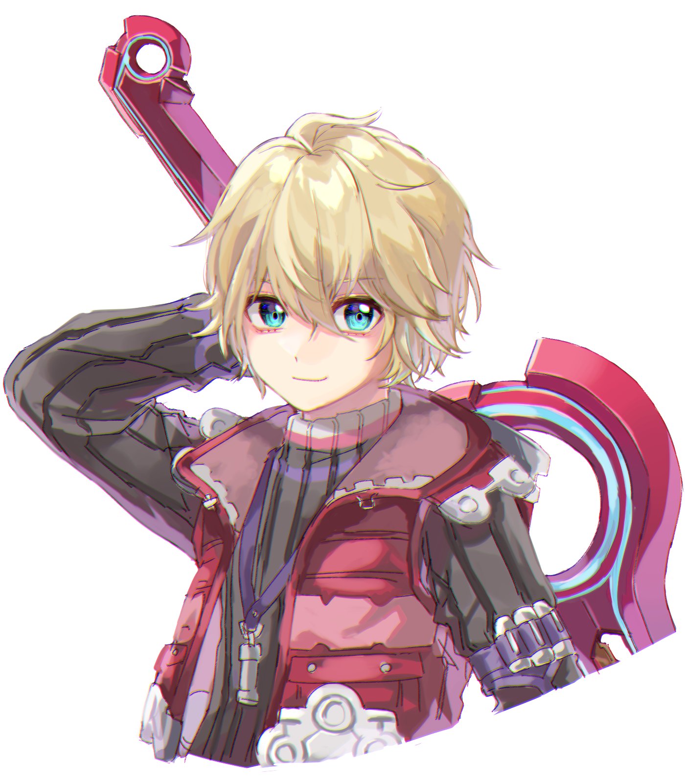 1boy blonde_hair blue_eyes highres looking_at_viewer male_focus monado nintendo ruiko_12 short_hair shulk smile solo super_smash_bros. sword weapon xenoblade_(series) xenoblade_1