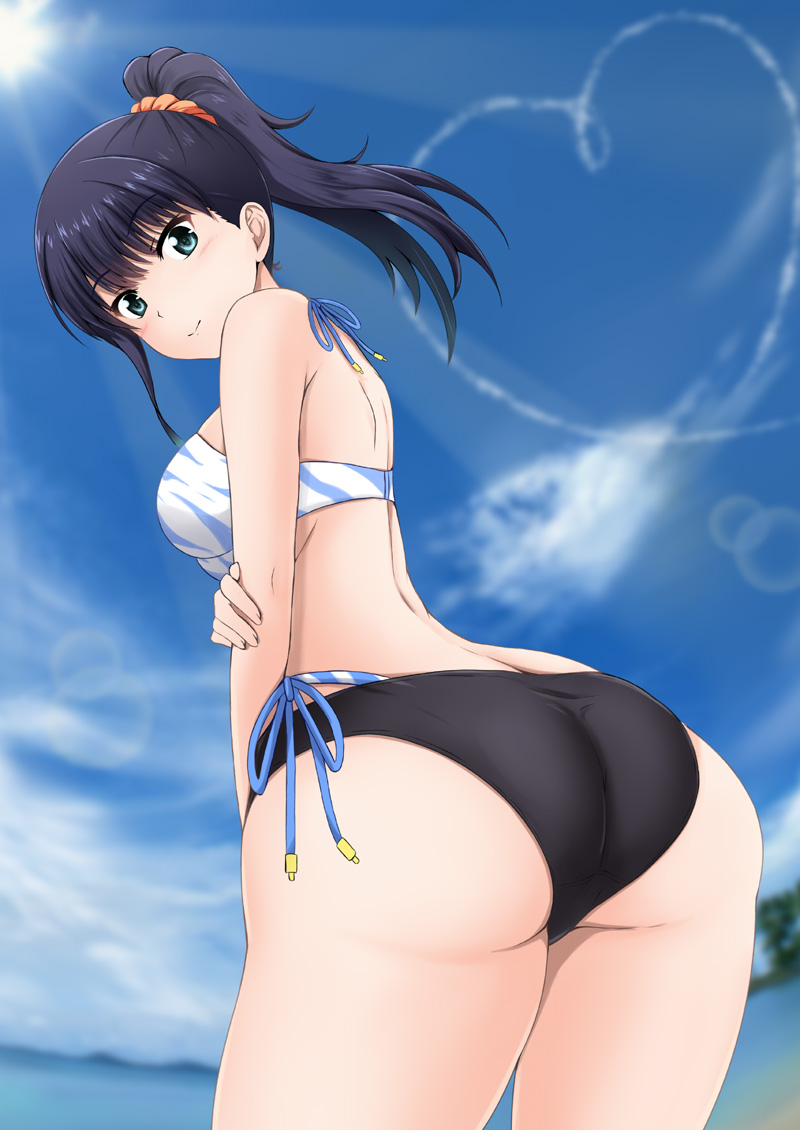 ass bikini black_hair blue_eyes blue_sky breasts clouds fuuma_nagi hair_ornament hair_scrunchie looking_at_viewer ponytail scrunchie side-tie_bikini sky smile ssss.gridman swimsuit takarada_rikka