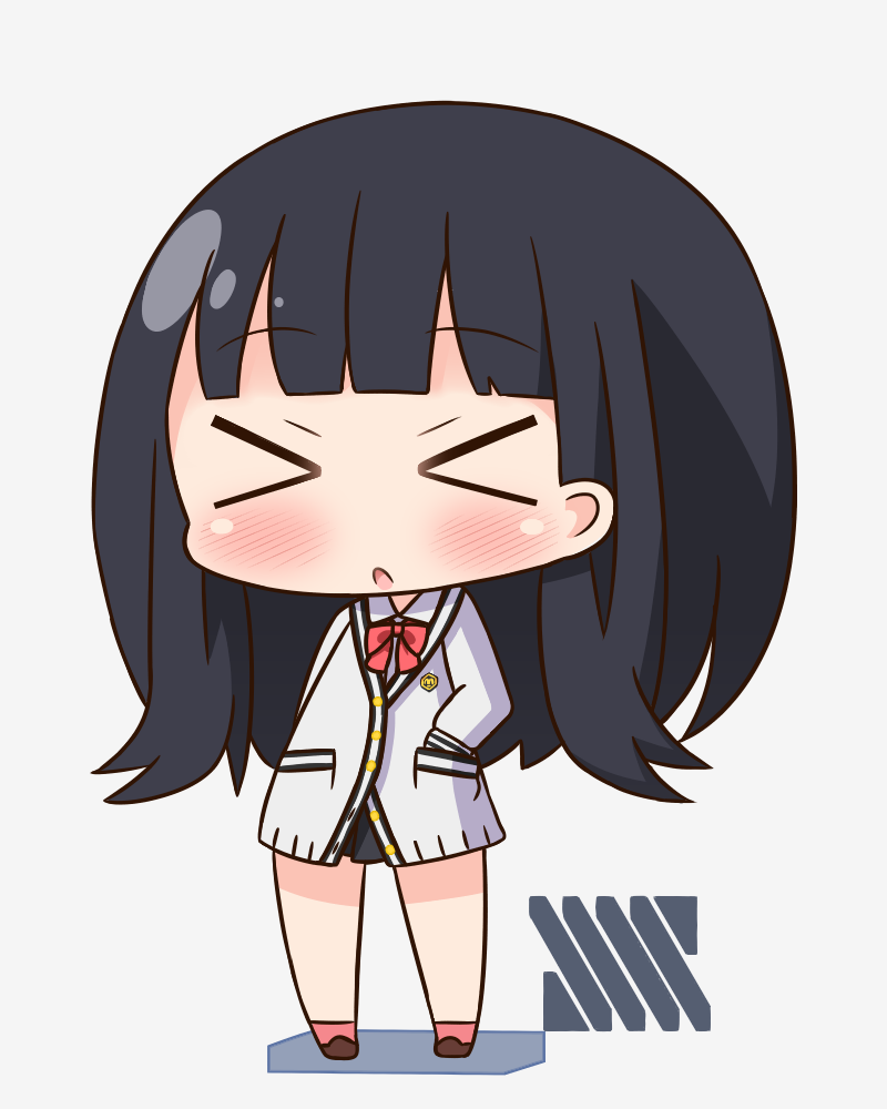 &gt;_&lt; 1girl :o bangs black_hair black_skirt blush bow bowtie brown_footwear cardigan chibi collared_shirt eyebrows_visible_through_hair facing_viewer full_body grey_background hana_kazari hand_in_pocket long_hair miniskirt parted_lips pleated_skirt red_legwear red_neckwear shirt skirt socks solo ssss.gridman standing takarada_rikka white_cardigan white_shirt