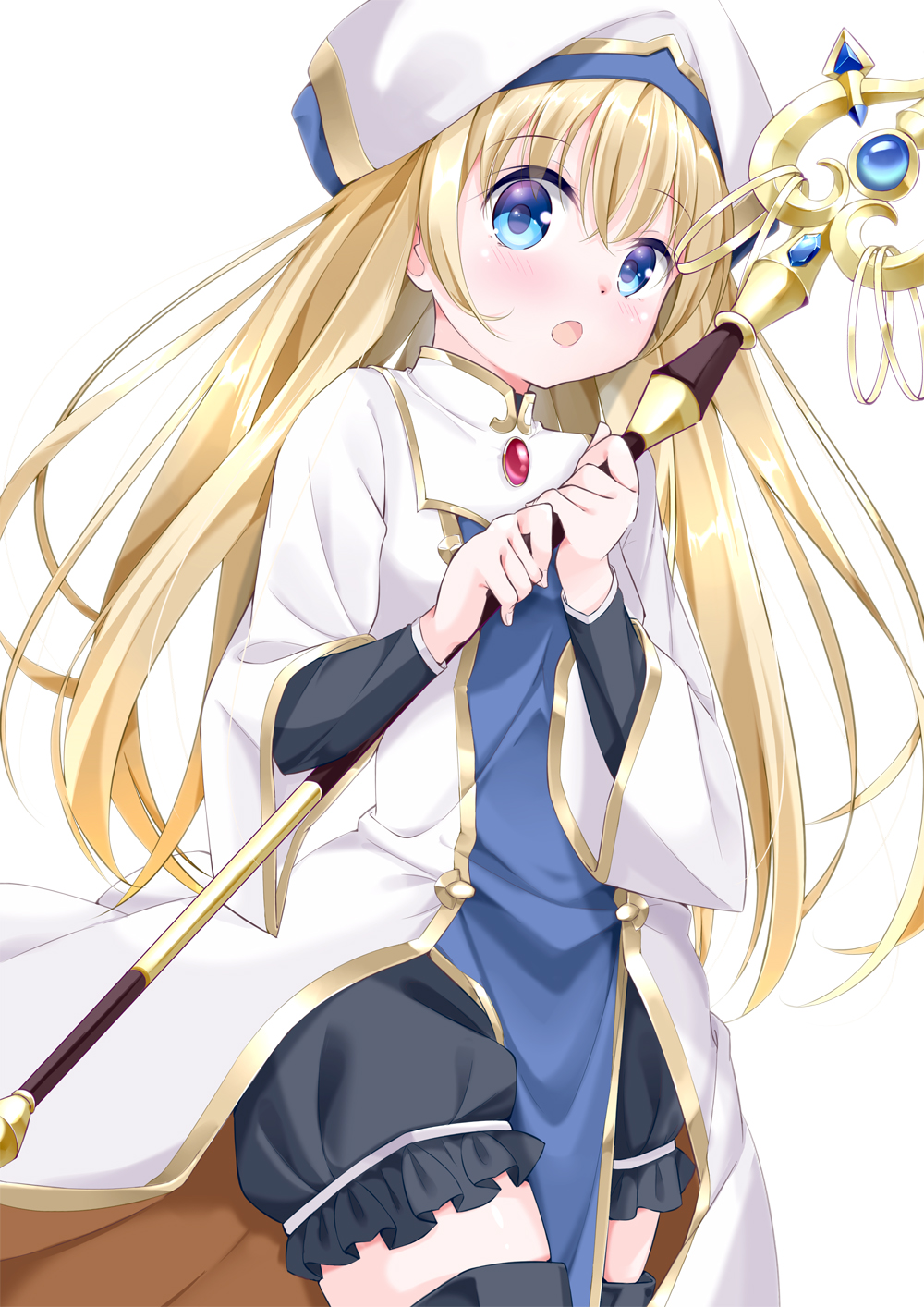 1girl blonde_hair blood blood_on_face bloomers blue_eyes blush eyebrows_visible_through_hair frills goblin_slayer! hat highres holding holding_staff long_hair long_sleeves open_mouth priestess_(goblin_slayer!) simple_background solo staff underwear wari_(nirodo26) white_background wide_sleeves