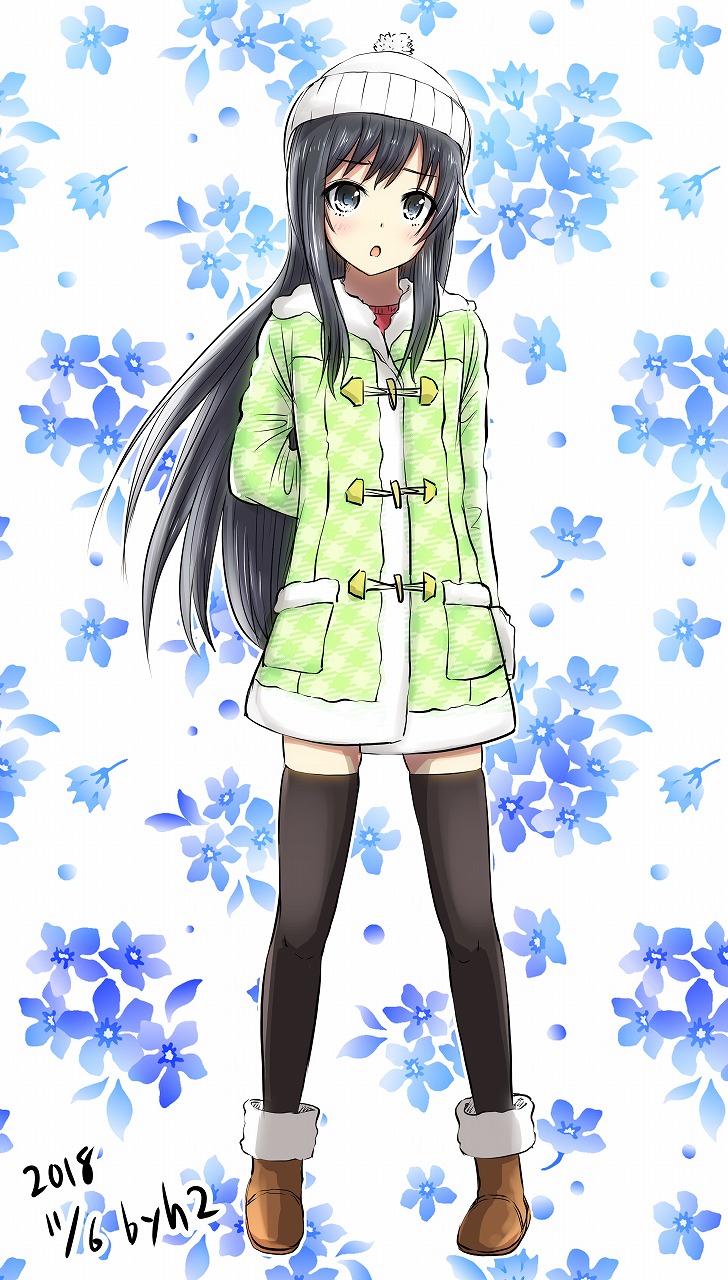 1girl alternate_costume asashio_(kantai_collection) black_hair black_legwear blue_eyes blush brown_footwear floral_background full_body graphite_(medium) h2_(h20000000) hat highres jacket kantai_collection long_hair long_sleeves looking_at_viewer open_mouth shoes solo traditional_media white_hat winter_clothes