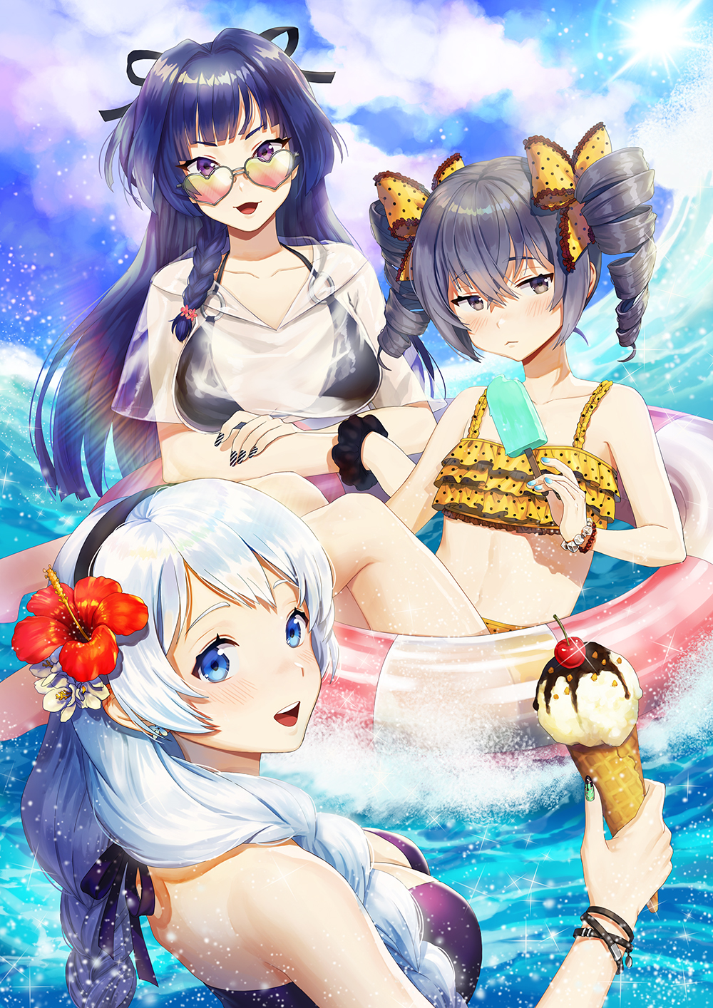 3girls aqua_nails bangs bare_shoulders bikini black_bikini black_nails black_ribbon blue_eyes blue_sky blush bow bracelet braid breasts bronya_zaychik cherry cleavage closed_mouth clouds collarbone day drill_hair earrings eyebrows_visible_through_hair flower food frilled_bikini frills fruit green_nails hair_between_eyes hair_bow hair_flower hair_ornament hairband halter_top halterneck heart heart-shaped_eyewear hibiscus highres holding holding_food honkai_impact ice_cream_cone innertube jewelry kiana_kaslana large_breasts long_hair looking_at_viewer medium_breasts multiple_girls nail_polish navel noixen o-ring o-ring_top ocean open_mouth outdoors polka_dot polka_dot_bikini ponytail popsicle purple_bikini purple_hair raiden_mei reclining ribbon scrunchie see-through shirt side_braid sidelocks silver_hair sky small_breasts smile sparkle splashing stomach striped_nails sun sunglasses swimsuit twin_braids twin_drills twintails very_long_hair violet_eyes wading waves wrist_scrunchie wristband yellow_bikini