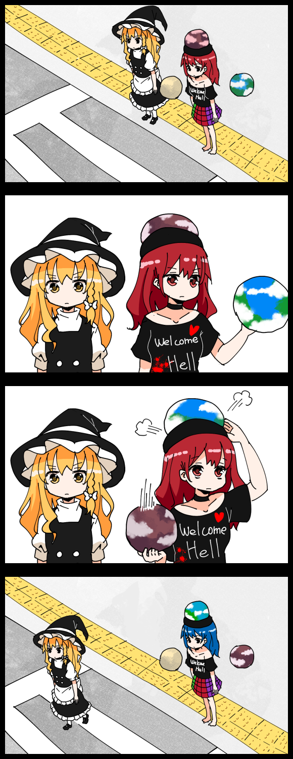 4koma blonde_hair blue_hair braid clothes_writing comic crosswalk hat hecatia_lapislazuli highres jetto_komusou kirisame_marisa mundane_utility polos_crown redhead silent_comic single_braid touhou witch_hat