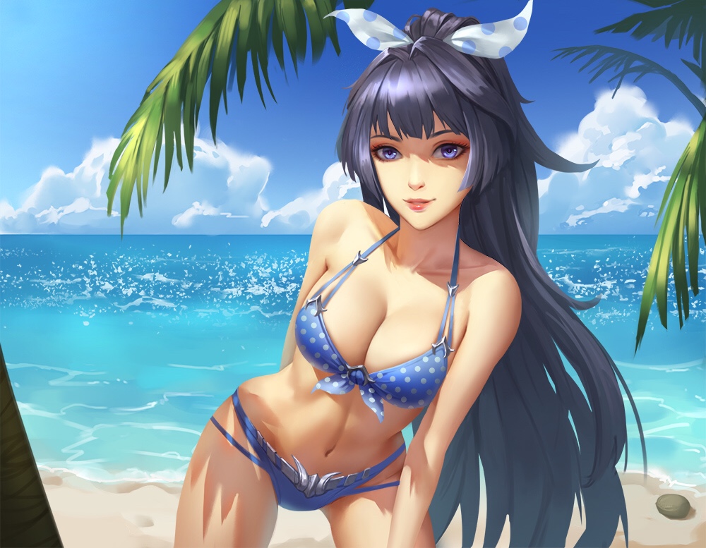 1girl alternate_costume aojiao_pinru arm_behind_back bangs bare_shoulders beach bikini blue_bikini blue_sky blush breasts cleavage clouds collarbone day front-tie_bikini front-tie_top groin hair_ribbon honkai_impact large_breasts leaning_forward long_hair looking_at_viewer navel ocean outdoors palm_tree parted_lips polka_dot polka_dot_bikini purple_hair raiden_mei ribbon sand sidelocks skindentation sky smile solo stomach swimsuit tree very_long_hair violet_eyes