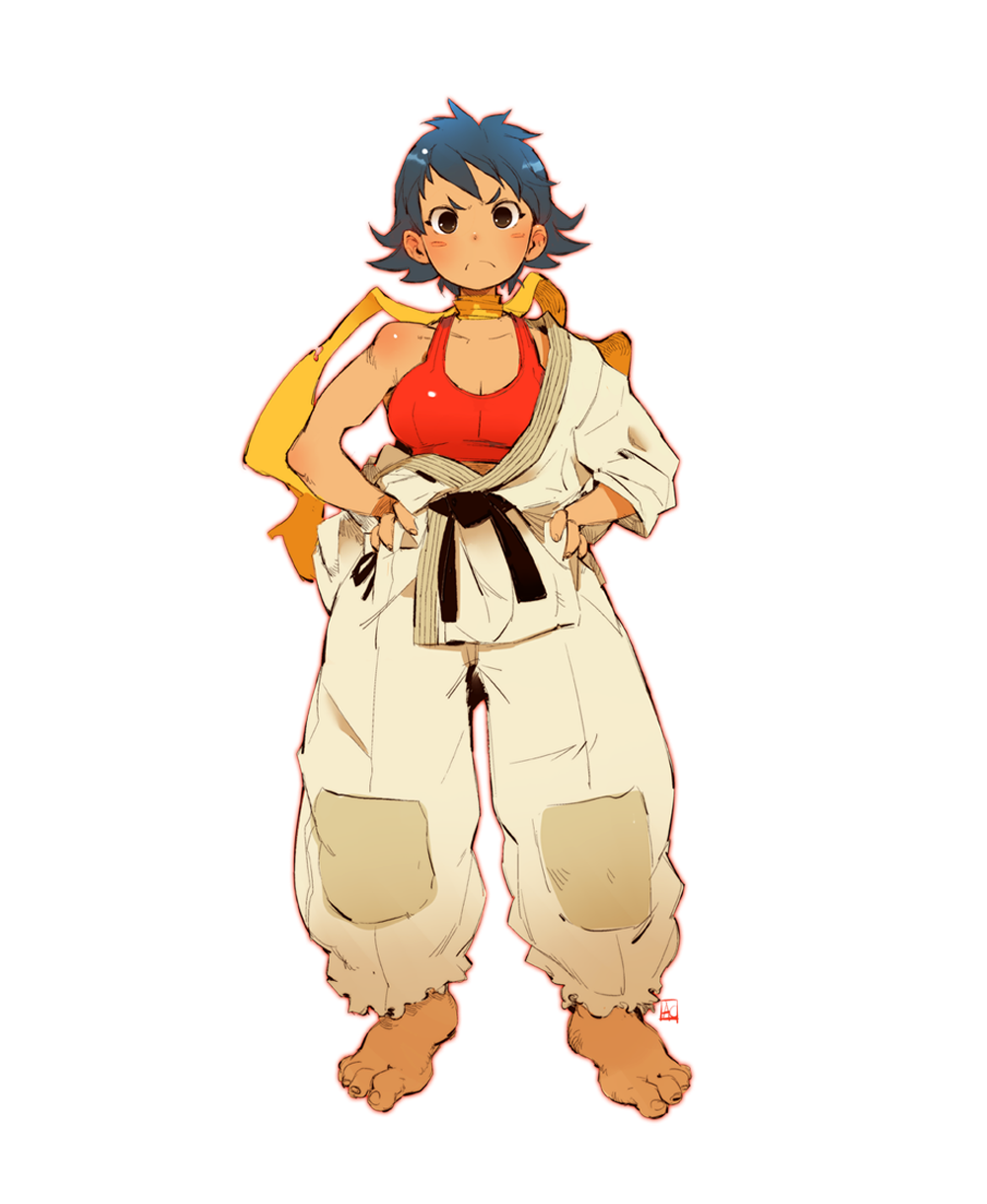 1girl andrea_cofrancesco baggy_clothes baggy_pants barefoot black_hair blush_stickers bra breasts brown_eyes choker cleavage dougi frown full_body hands_on_hips highres looking_at_viewer makoto_(street_fighter) medium_breasts off_shoulder pants red_bra ribbon_choker short_hair solo sports_bra street_fighter street_fighter_iii_(series) toes tomboy underwear white_background