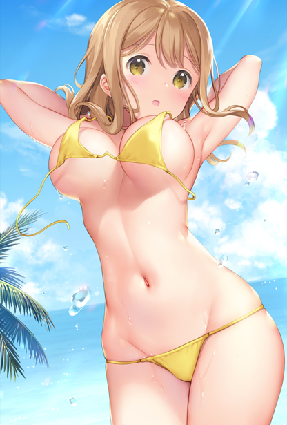 1girl armpits arms_up bikini blue_sky blush breasts brown_hair cowboy_shot day groin kunikida_hanamaru large_breasts long_hair looking_at_viewer love_live! love_live!_sunshine!! lowleg lowleg_bikini mignon navel outdoors parted_lips sky solo string_bikini sunlight swimsuit untied untied_bikini yellow_bikini yellow_eyes