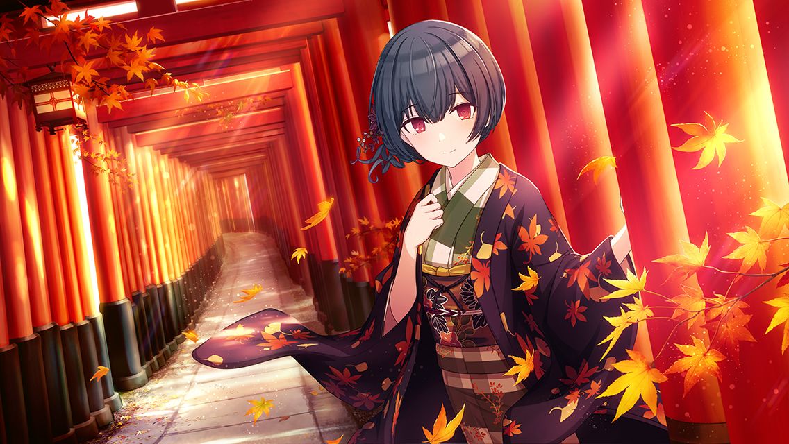 autumn blue_hair blush idolmaster idolmaster_shiny_colors kimono morino_rinze red_eyes short_hair