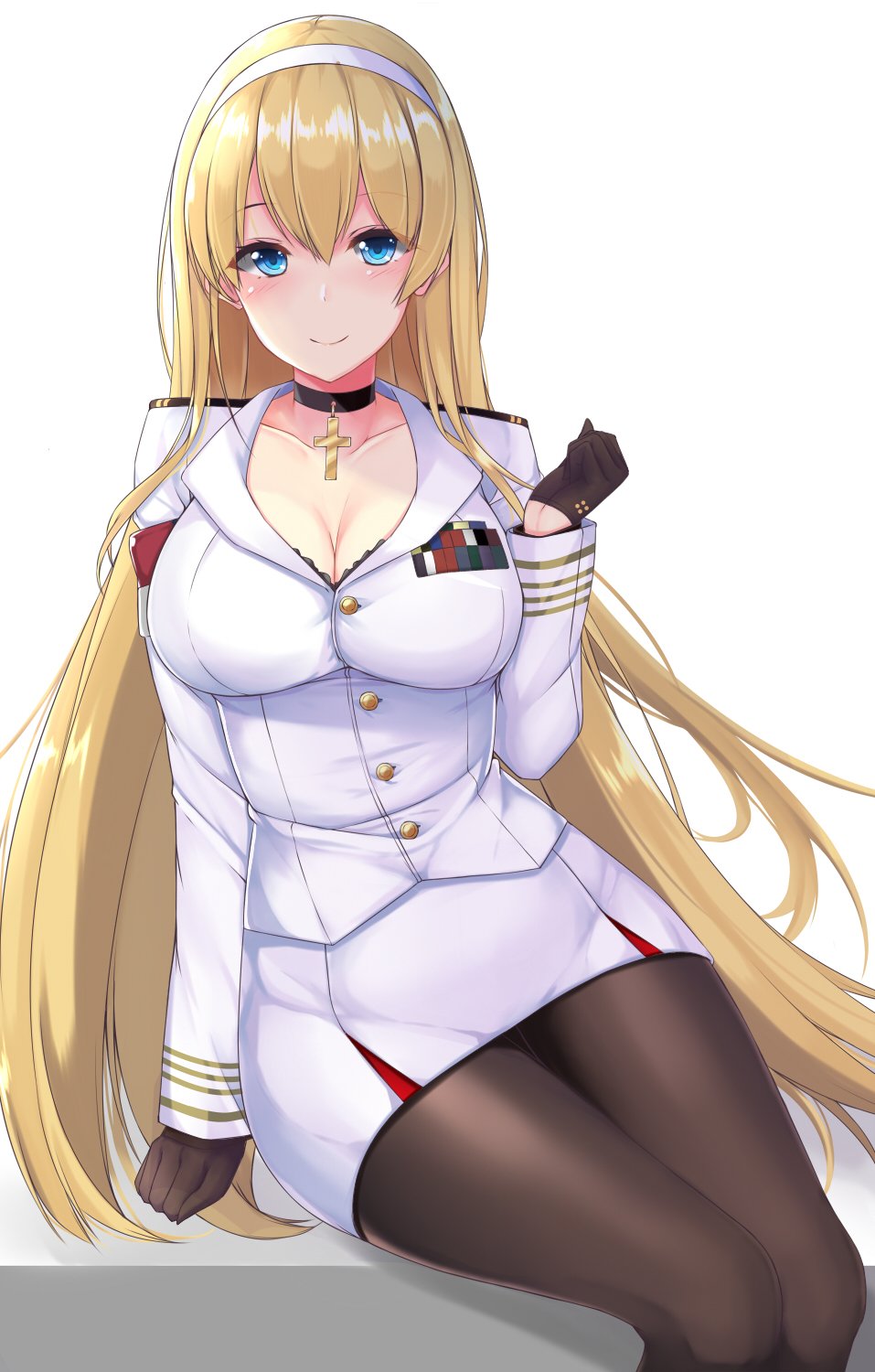 1girl arm_support armband azur_lane bangs black_bra black_gloves blonde_hair blue_eyes blush bra breasts cleavage closed_mouth collarbone commentary_request cross_choker eyebrows_visible_through_hair frilled_bra frills gloves hairband highres jacket large_breasts long_hair long_sleeves looking_at_viewer military military_uniform miniskirt north_carolina_(azur_lane) pantyhose pencil_skirt sitting skirt smile sogaya solo thighs underwear uniform very_long_hair white_jacket white_skirt