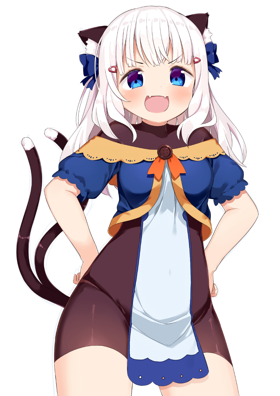 &gt;:d animal_ear_fluff animal_ears arms_at_sides bangs blue_eyes blush bodysuit bow buttons cat_ears cat_tail contrapposto cowboy_shot crop_top fangs hair_bow hair_ornament hairclip hands_on_hips highres medium_hair muku_(muku-coffee) multiple_tails open_mouth original pelvic_curtain puffy_short_sleeves puffy_sleeves short_sleeves skin_tight strapless tail white_hair