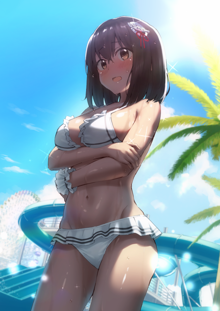 1girl ac_107 bikini black_hair blue_sky blush breasts brown_eyes clouds cowboy_shot frilled_bikini frills haguro_(kantai_collection) hair_ornament kantai_collection light_rays looking_at_viewer medium_breasts navel open_mouth outdoors palm_tree scrunchie short_hair sky solo standing sunbeam sunlight swimsuit tree water_slide white_bikini white_scrunchie wrist_scrunchie