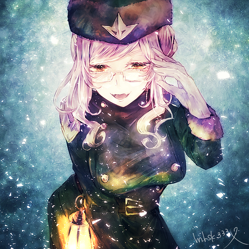 1girl adjusting_eyewear belt blue_background commentary_request fangs fate/grand_order fate_(series) fur-trimmed_sleeves fur_trim glasses gloves hat heart koyanskaya lantern military_hat pink_hair shoulder_pads signature smile snow winter_clothes winter_uniform yellow_eyes yokaranu_yuuna