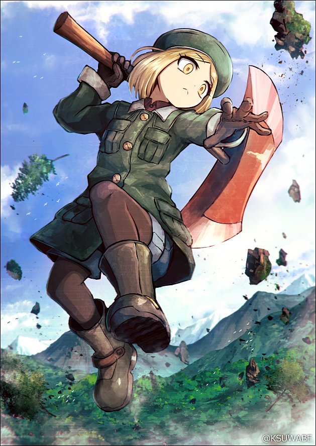 1girl axe bangs blonde_hair blue_sky boots clouds coat commentary_request eyebrows_visible_through_hair fate/grand_order fate_(series) forest giantess gloves hat jumping kei-suwabe long_sleeves mountain nature pantyhose parted_bangs paul_bunyan_(fate/grand_order) shorts sky solo tree twitter_username yellow_eyes