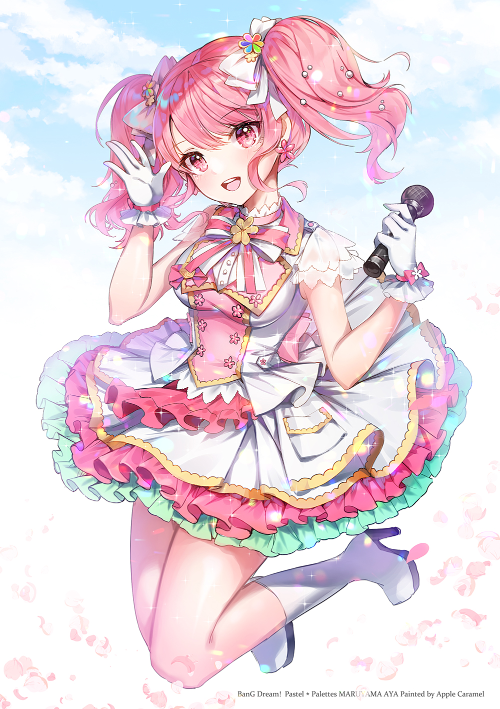 1girl :d apple_caramel artist_name bang_dream! bangs blue_sky blush boots bow breasts character_name clouds cloudy_sky commentary_request copyright_name earrings eyebrows_visible_through_hair full_body gloves hair_between_eyes hair_bow hands_up head_tilt high_heel_boots high_heels highres holding holding_microphone jewelry knee_boots maruyama_aya medium_breasts microphone open_mouth petals pink_hair pleated_skirt red_eyes round_teeth see-through shirt sidelocks skirt sky sleeveless sleeveless_shirt smile solo teeth twintails upper_teeth watermark white_background white_bow white_footwear white_gloves white_shirt white_skirt