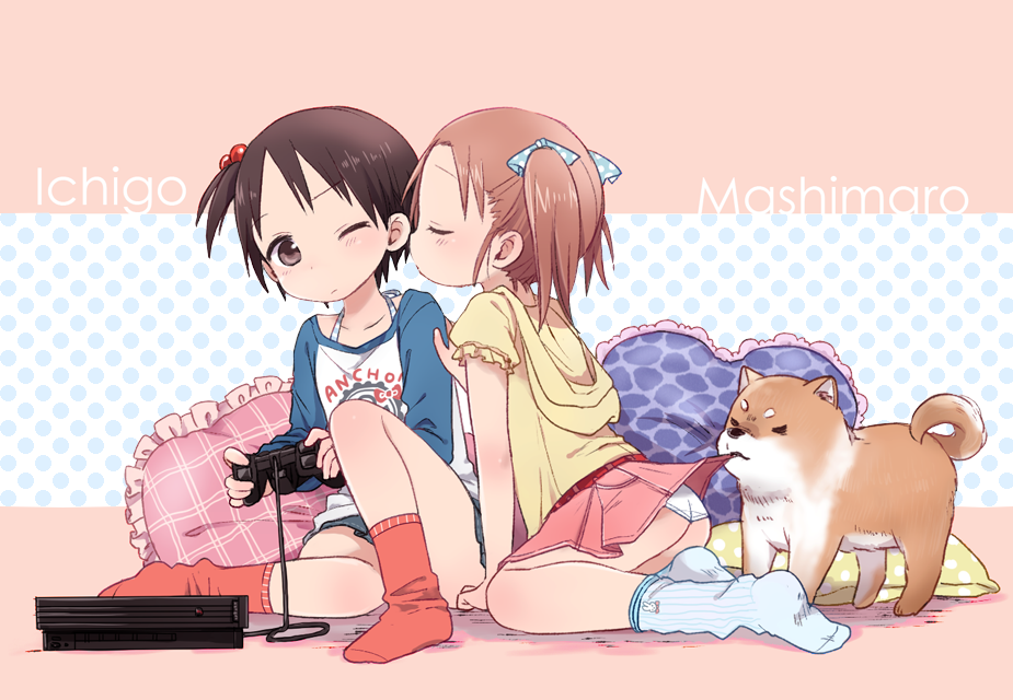 2girls 50yen ass black_hair blush brown_hair casual closed_eyes collarbone controller copyright_name dog frilled_pillow frills game_console game_controller hair_bobbles hair_ornament hair_ribbon heart heart_pillow holding hood hoodie ichigo_mashimaro imminent_kiss itou_chika matsuoka_miu multiple_girls one_eye_closed panties pillow playstation_2 polka_dot raglan_sleeves ribbon satake_(ichigo_mashimaro) side_ponytail sitting skirt skirt_tug socks twintails underwear white_panties yuri