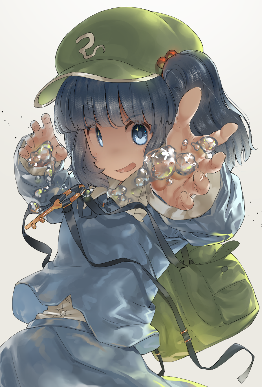 1girl backpack bag blue_eyes blue_hair bubble eyebrows_visible_through_hair green_hat hair_bobbles hair_ornament hat highres kawashiro_nitori key long_sleeves looking_at_viewer monosenbei parted_lips short_hair short_twintails solo touhou twintails upper_body