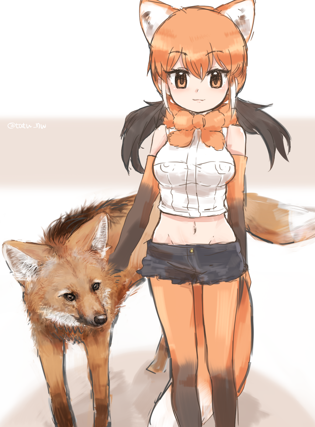1girl :3 animal_ears bangs bare_shoulders breasts closed_mouth commentary_request denim denim_shorts elbow_gloves eyebrows_visible_through_hair fur_collar gloves groin hair_between_eyes highres kemono_friends large_breasts long_hair looking_at_viewer maned_wolf maned_wolf_(kemono_friends) multicolored_hair navel orange_gloves orange_hair orange_legwear orange_neckwear pantyhose petting short_shorts shorts sleeveless smile solo standing stomach tail tatsuno_newo twitter_username wolf_ears wolf_girl wolf_tail