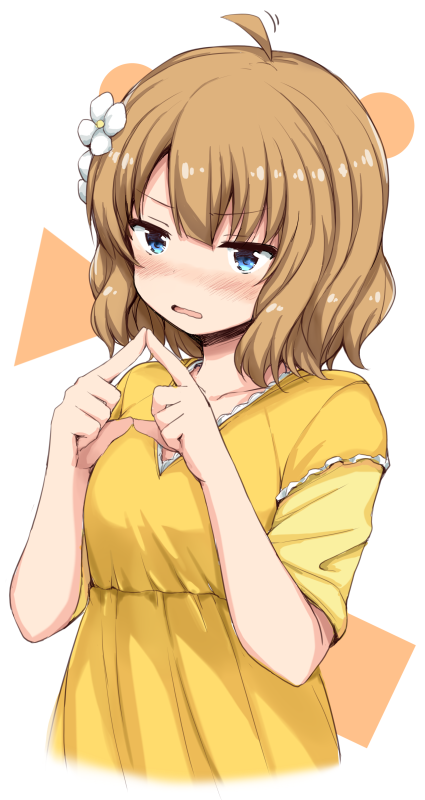 1girl ahoge bangs blue_eyes blush breasts commentary_request dress eyebrows_visible_through_hair fingers_together flower hair_between_eyes hair_flower hair_ornament hands_up head_tilt idolmaster idolmaster_million_live! light_brown_hair lockheart looking_at_viewer nose_blush parted_lips short_sleeves small_breasts solo suou_momoko upper_body white_background white_flower yellow_dress