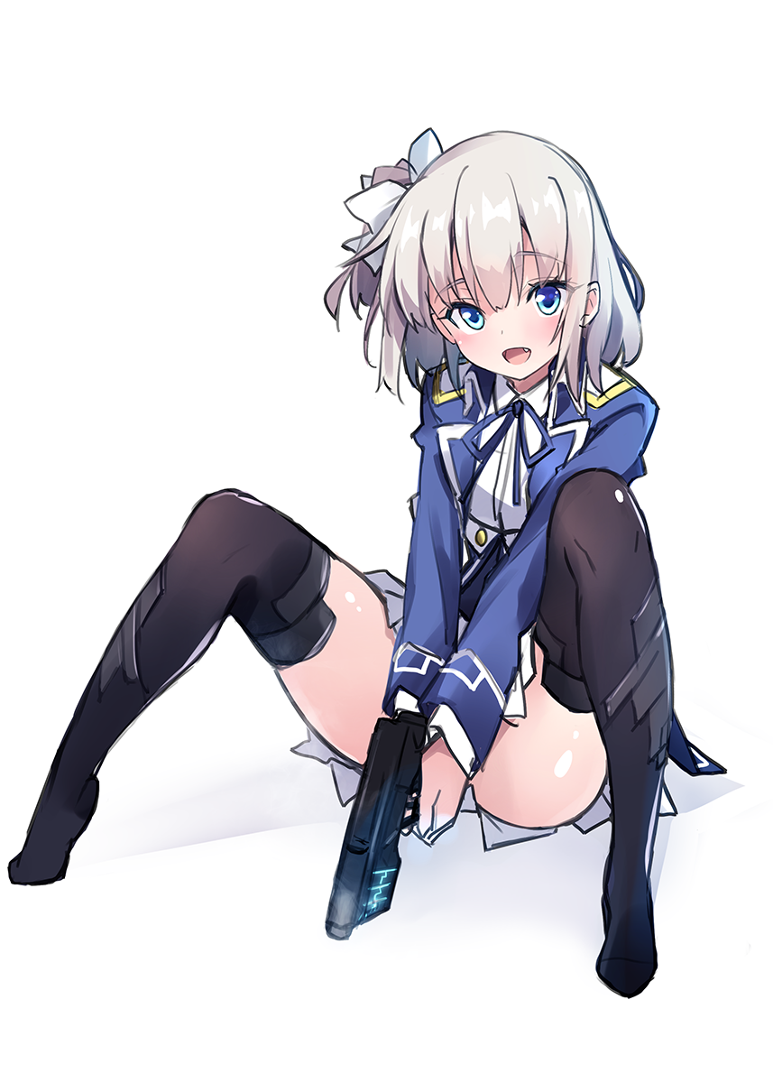 1girl :d ass bangs black_legwear blue_eyes blue_jacket blue_ribbon blush bow character_request collared_shirt commentary_request eyebrows_visible_through_hair fang full_body grey_hair grey_skirt gun hair_between_eyes hair_bow handgun hayakawa_harui head_tilt highres holding holding_gun holding_weapon jacket long_hair neck_ribbon no_shoes one_side_up open_clothes open_jacket open_mouth pistol pleated_skirt ribbon shiny shiny_skin shirt sitting skirt smile solo thigh-highs two-handed valkyrie_impulse weapon white_background white_bow white_shirt