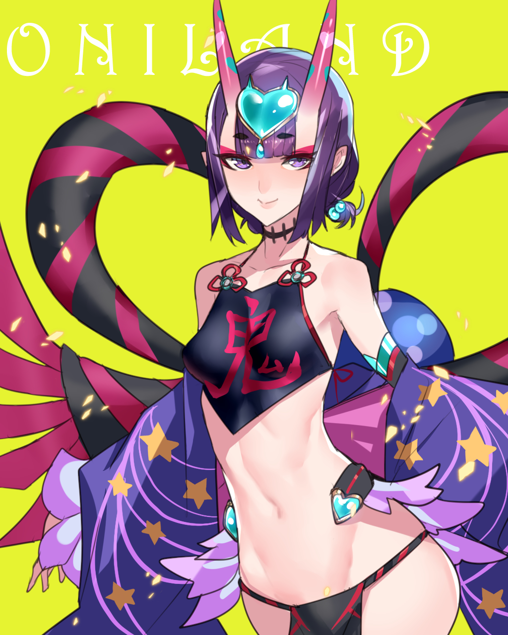 1girl ban bangs bare_shoulders blush breasts closed_mouth collarbone dudou earrings eyeliner fate/grand_order fate_(series) fundoshi gourd hair_ornament headpiece highres hips horns japanese_clothes jewelry looking_at_viewer low_twintails makeup navel oni oni_horns pointy_ears ponytail purple_hair revealing_clothes sash short_eyebrows short_hair short_twintails shuten_douji_(fate/grand_order) shuten_douji_(halloween)_(fate) simple_background small_breasts smile solo star star_print twintails violet_eyes waist yellow_background
