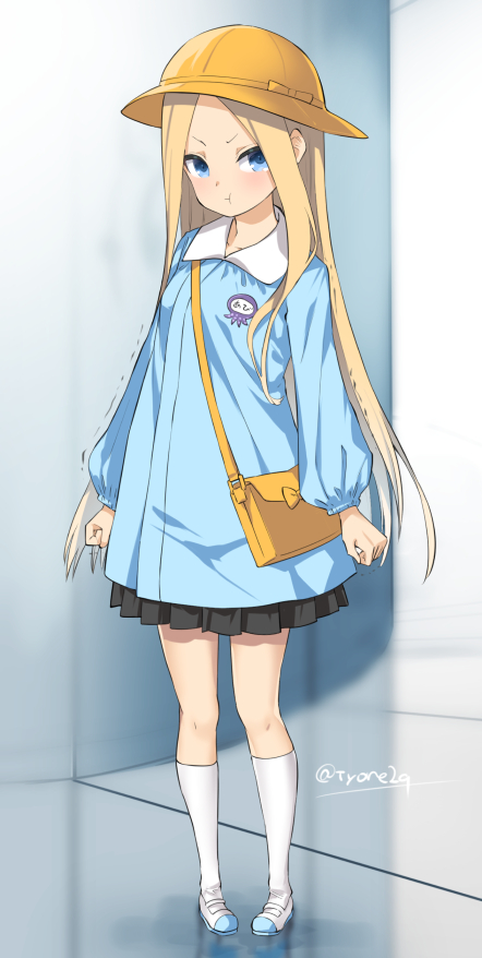 1girl :t abigail_williams_(fate/grand_order) alternate_costume arms_at_sides bag bangs black_skirt blonde_hair blue_eyes blue_shirt blurry blurry_background blush breasts closed_mouth collared_shirt commentary_request depth_of_field fate/grand_order fate_(series) forehead full_body hat indoors kindergarten_bag kindergarten_uniform kneehighs long_hair long_sleeves looking_at_viewer parted_bangs pigeon-toed pleated_skirt pout puffy_long_sleeves puffy_sleeves reflective_floor school_hat shirt shoes shoulder_bag skirt small_breasts solo standing twitter_username tyone uwabaki v-shaped_eyebrows very_long_hair white_footwear white_legwear yellow_hat