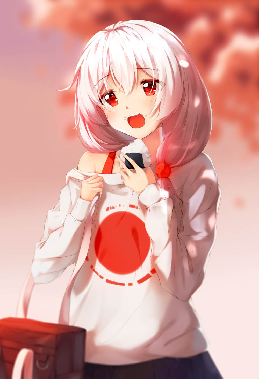 1girl 2267420264 bag bangs benghuai_xueyuan eyebrows_visible_through_hair food hair_over_shoulder handbag highres honkai_impact long_hair long_sleeves looking_at_viewer low_ponytail onigiri open_mouth pleated_skirt red_eyes shirt single_bare_shoulder skirt solo theresa_apocalypse white_hair white_shirt