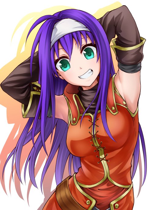 1girl arms_behind_head black_gloves blue_hair breasts fire_emblem fire_emblem:_akatsuki_no_megami gloves green_eyes grin long_hair medium_breasts nintendo simple_background sleeveless smile solo tenchan_man upper_body wayu_(fire_emblem) white_background white_headband