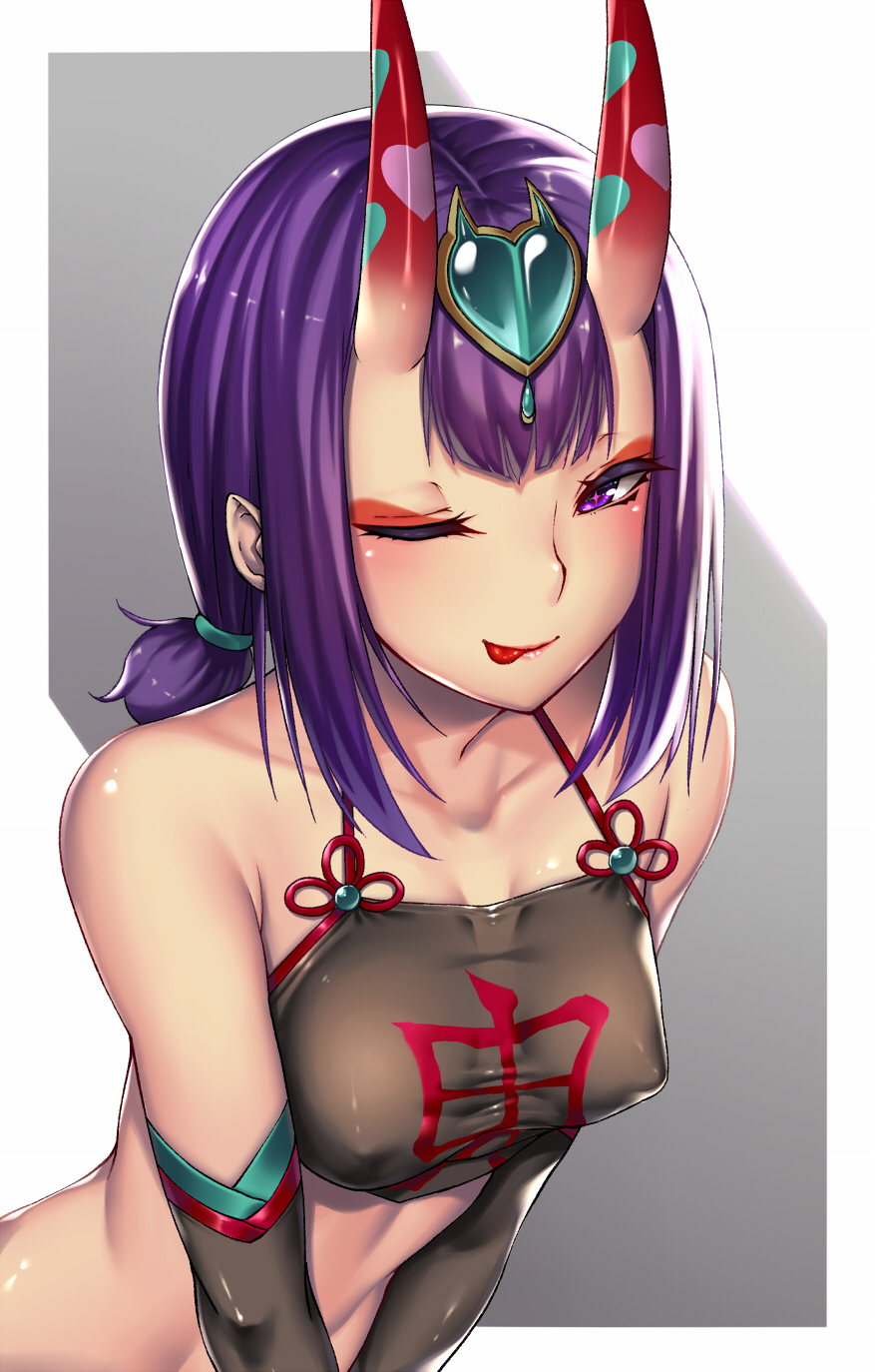 1girl :p alternate_costume bangs blush breasts closed_mouth collarbone covered_nipples elbow_gloves eyebrows_visible_through_hair fate/grand_order fate_(series) gloves hair_between_eyes hair_ornament hairband highres jewelry looking_at_viewer one_eye_closed oni_horns purple_hair short_hair shuten_douji_(fate/grand_order) simple_background small_breasts smile solo standing takanashi-a tongue tongue_out violet_eyes white_background