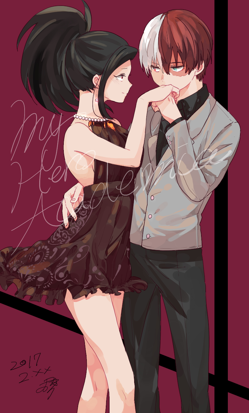 1boy 1girl backless_dress backless_outfit black_dress black_hair blue_eyes boku_no_hero_academia brown_eyes copyright_name couple dated dress earrings formal hand_kiss hetero heterochromia highres jewelry kiss long_hair multicolored_hair otojirou ponytail redhead short_dress signature suit todoroki_shouto two-tone_hair white_hair yaoyorozu_momo