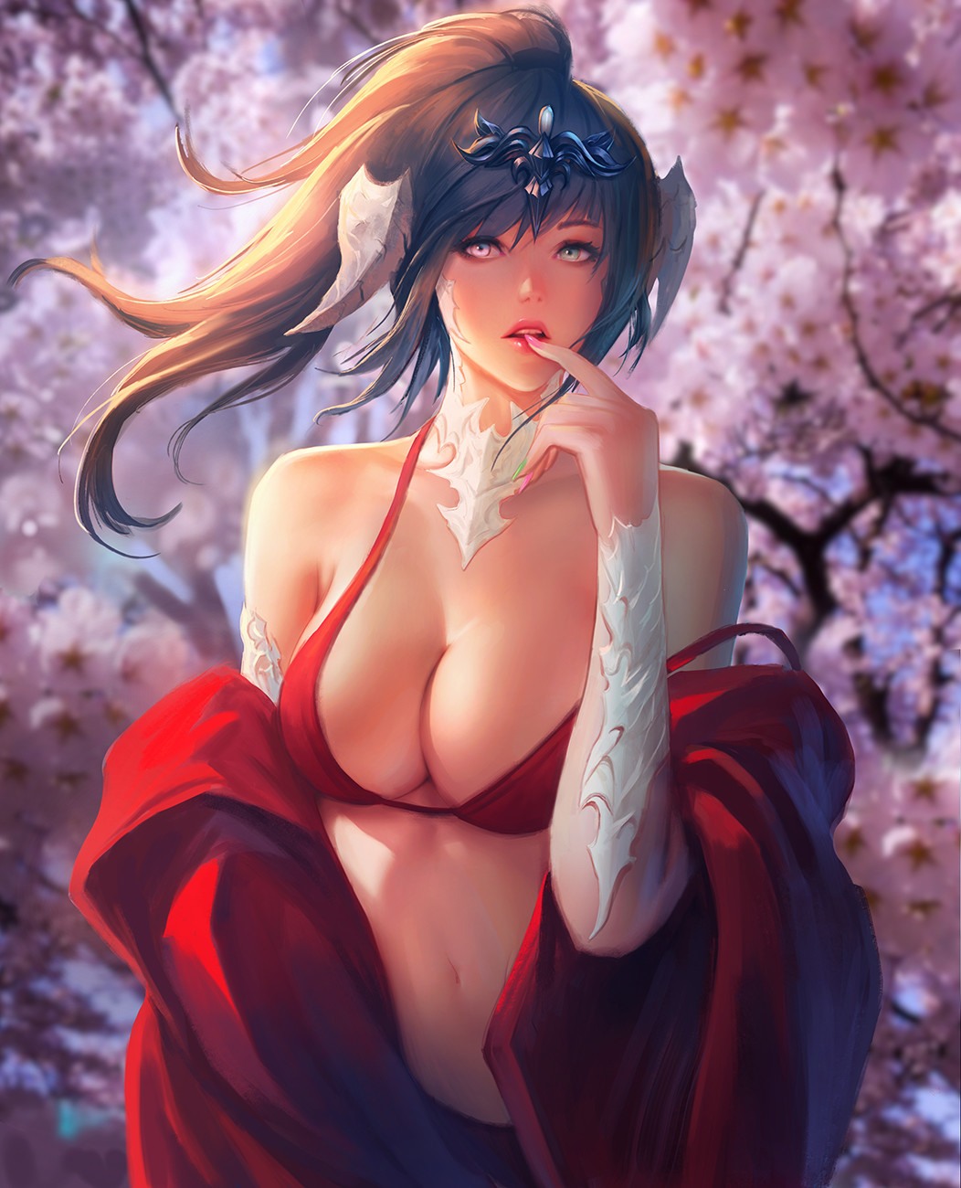 1girl au_ra bikini breasts brown_hair cherry_blossoms cleavage commentary day dragon_horns english_commentary final_fantasy final_fantasy_xiv finger_to_mouth headgear heterochromia highres horns large_breasts lips looking_at_viewer nguyen_uy_vu open_mouth ponytail red_bikini scales solo strap_slip swimsuit upper_body wind