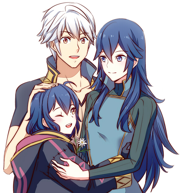 1boy 1girl 1other :d ;d androgynous blue_eyes blue_hair brown_eyes collarbone eyebrows_visible_through_hair fire_emblem fire_emblem:_kakusei hair_between_eyes hand_on_another's_head long_hair long_sleeves lucina male_my_unit_(fire_emblem:_kakusei) mark_(fire_emblem) mejiro my_unit_(fire_emblem:_kakusei) nintendo one_eye_closed open_mouth short_sleeves silver_hair simple_background smile very_long_hair white_background