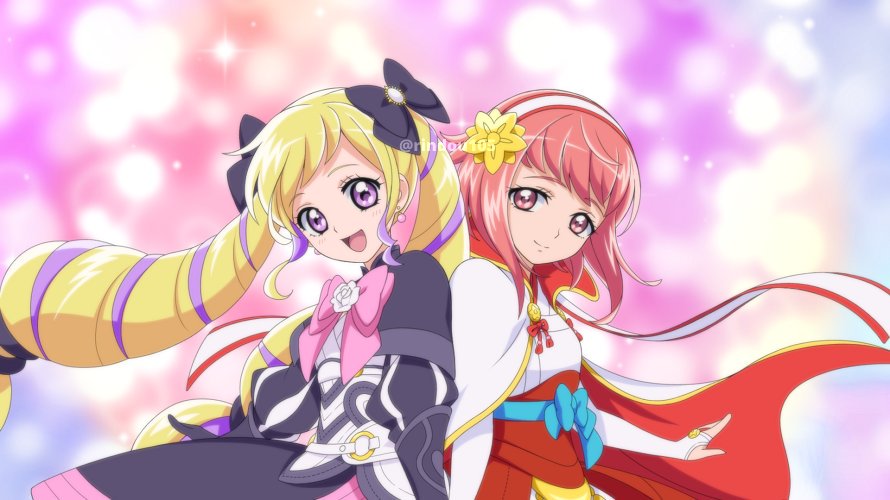 2girls :d back-to-back black_bow black_capelet blonde_hair blue_bow bow cape capelet drill_hair earrings elise_(fire_emblem_if) fire_emblem fire_emblem_if floating_hair hair_bow hairband hiyori_(rindou66) jewelry long_hair looking_at_viewer mahou_girls_precure! multiple_girls nintendo open_mouth parody pink_eyes precure redhead sakura_(fire_emblem_if) smile standing style_parody twin_drills twintails upper_body very_long_hair white_cape white_hairband