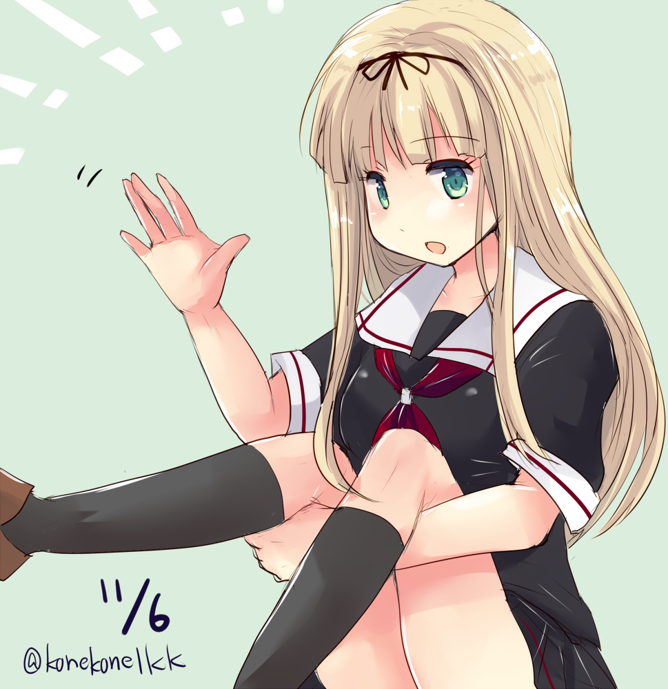 1girl black_legwear black_ribbon black_serafuku black_skirt blonde_hair brown_footwear commentary_request green_background green_eyes hair_ribbon hirune_(konekonelkk) kantai_collection kneehighs loafers long_hair looking_at_viewer neckerchief red_neckwear ribbon sailor_collar school_uniform serafuku shoes sitting skirt solo straight_hair twitter_username waving white_sailor_collar yuudachi_(kantai_collection)