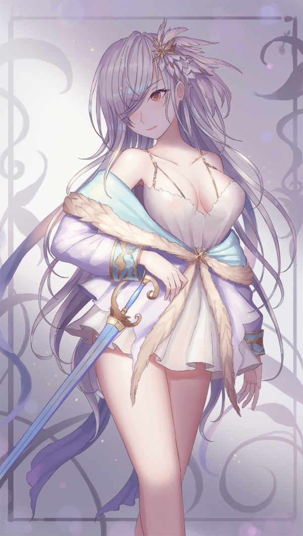 1girl bare_shoulders breasts brown_eyes cleavage feathers hair_feathers hair_over_one_eye long_hair looking_at_viewer medium_breasts original rinmmo silver_hair standing sword thighs weapon wet wet_clothes