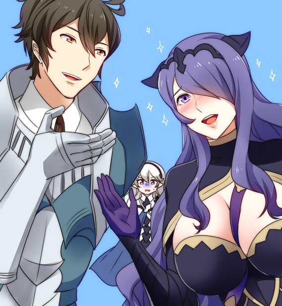 armor black_armor breasts brown_hair camilla_(fire_emblem_if) female_my_unit_(fire_emblem_if) fire_emblem fire_emblem:_kakusei fire_emblem_if fire_emblem_musou frederik_(fire_emblem) hair_over_one_eye large_breasts long_hair mejiro my_unit_(fire_emblem_if) nintendo open_mouth purple_hair short_hair smile very_long_hair violet_eyes wavy_hair