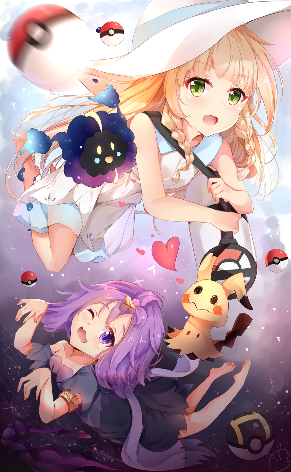 2girls ;d acerola_(pokemon) bag bangs barefoot black_dress blonde_hair blurry blurry_foreground blush braid collared_dress cosmog creatures_(company) depth_of_field dress duffel_bag eyebrows_visible_through_hair game_freak gen_7_pokemon green_eyes hands_up hat heart highres lillie_(pokemon) long_hair looking_at_viewer mimikyu multiple_girls nahaki nintendo one_eye_closed open_mouth poke_ball poke_ball_(generic) poke_ball_theme pokemon pokemon_(creature) pokemon_(game) pokemon_sm purple_hair side_braids sleeveless sleeveless_dress smile soles sun_hat twin_braids very_long_hair violet_eyes white_dress white_hat