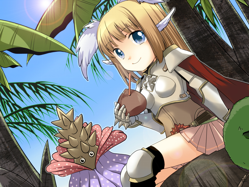 1girl armor bangs belt black_belt black_legwear blue_eyes blue_sky blush boobplate cape closed_mouth coconut commentary_request cross day drinking_straw dutch_angle eyebrows_visible_through_hair feet_out_of_frame gauntlets head_wings kneehighs lens_flare long_hair looking_at_viewer lord_knight_(ragnarok_online) miniskirt outdoors pauldrons pink_skirt poleyn rafflesia_arnoldi ragnarok_online red_cape sasai_saki shoulder_armor sitting skirt sky smile spiked_gauntlets tree white_wings wings