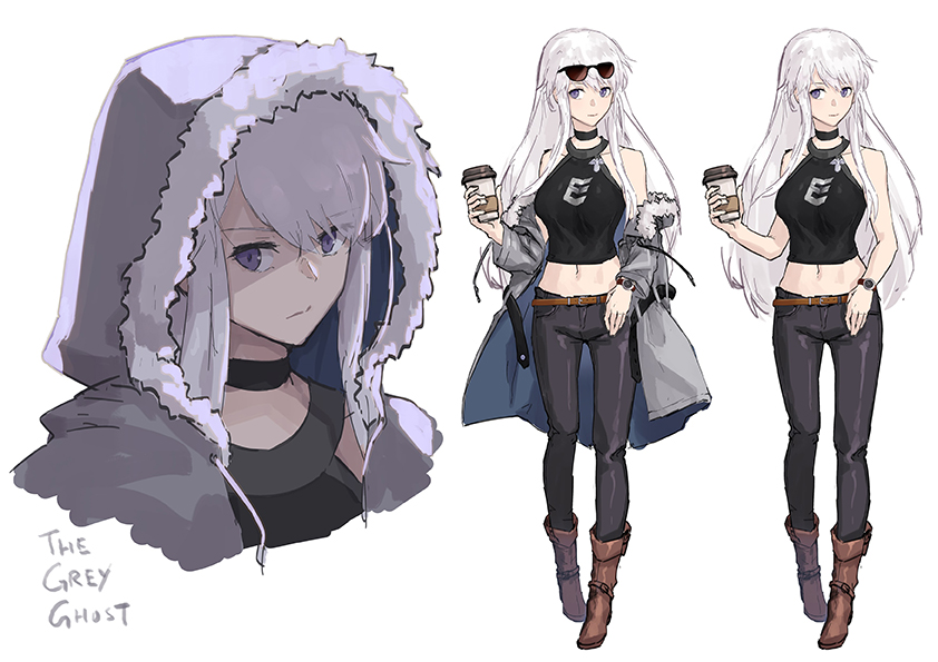 1girl alternate_costume azur_lane belt black_pants black_shirt boots brown_footwear choker coffee_cup cup disposable_cup english enterprise_(azur_lane) expressionless eyewear_on_head full_body fur-trimmed_hood hood hooded_jacket jacket jacky5493 long_hair midriff multiple_views navel off_shoulder pants portrait shirt silver_hair simple_background sleeveless sleeveless_shirt solo standing sunglasses violet_eyes watch watch white_background