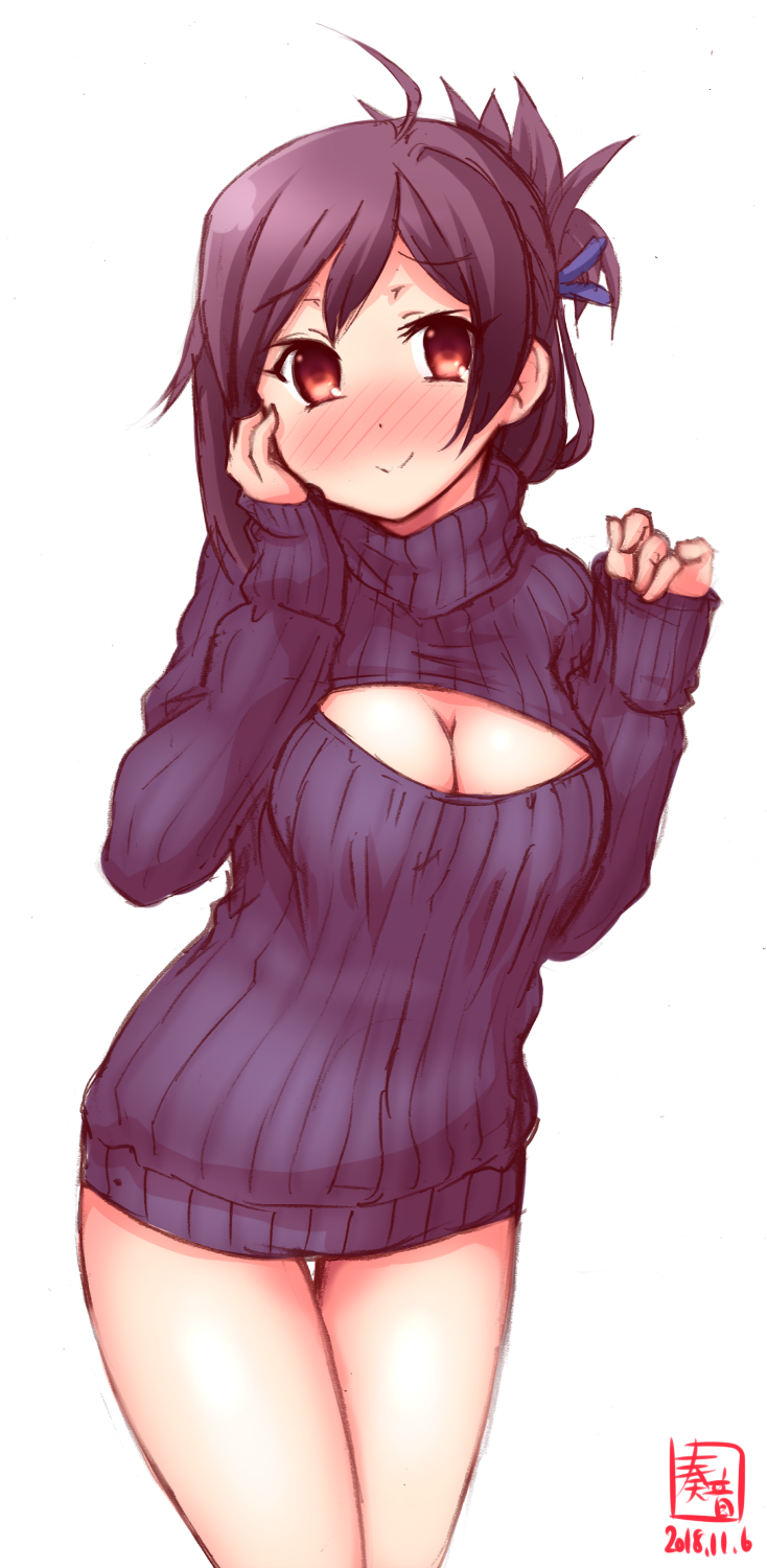 1girl ahoge alternate_costume alternate_hairstyle artist_logo black_sweater blush breasts cleavage_cutout commentary_request dated folded_ponytail hagikaze_(kantai_collection) hand_on_own_face highres kanon_(kurogane_knights) kantai_collection long_hair looking_at_viewer medium_breasts meme_attire nose_blush open-chest_sweater purple_hair ribbed_sweater simple_background smile solo sweater thigh_gap white_background yellow_eyes