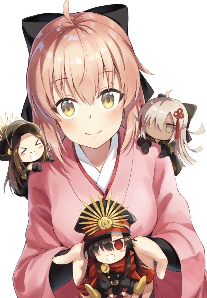 &gt;o&lt; 4girls :d black_gloves black_hair blush blush_stickers cape chacha_(fate/grand_order) chibi double-breasted fate/grand_order fate_(series) gloves hair_ornament hair_over_one_eye hat highres japanese_clothes kimono koha-ace long_hair looking_at_viewer multiple_girls nonono oda_nobunaga_(fate) okita_souji_(alter)_(fate) okita_souji_(fate) okita_souji_(fate)_(all) open_mouth pink_hair red_eyes simple_background smile white_background yellow_eyes