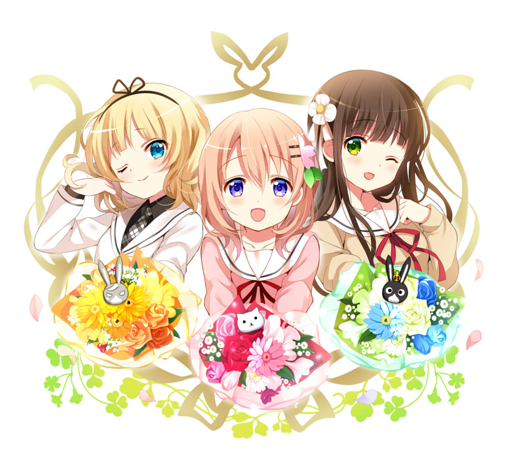 3girls ;) anko_(gochiusa) blazer blonde_hair blue_eyes blush bouquet brown_hair clenched_hand closed_mouth collarbone eyebrows_visible_through_hair flower gochuumon_wa_usagi_desu_ka? green_eyes hair_between_eyes hair_flower hair_ornament hairclip head_tilt hoto_cocoa jacket kirima_sharo koi_(koisan) long_sleeves looking_at_viewer multiple_girls necktie official_art one_eye_closed plaid_neckwear school_uniform serafuku smile sweater tedeza_rize's_school_uniform tippy_(gochiusa) ujimatsu_chiya upper_body violet_eyes white_background wild_geese