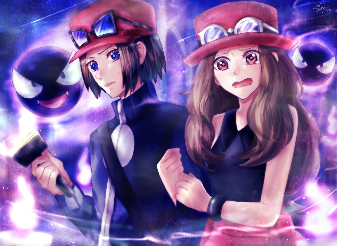 1boy 1girl black_shirt blue_eyes bracelet brown_eyes brown_hair calme_(pokemon) couple creatures_(company) eyewear_on_headwear game_freak gastly gen_1_pokemon glasses hat holding jacket jewelry long_hair nintendo open_mouth pokemon pokemon_(game) pokemon_xy red_hat red_skirt sarada_0526 serena_(pokemon) shirt skirt sleeveless sleeveless_shirt sweatdrop upper_body