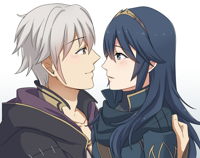 1boy 1girl blue blue_hair blush brown_hairband collarbone couple eye_contact eyes fire_emblem fire_emblem:_kakusei from_side hairband long_hair looking_at_another looking_at_viewer lucina male_my_unit_(fire_emblem:_kakusei) mejiro my_unit_(fire_emblem:_kakusei) nintendo parted_lips silver_hair simple_background smile upper_body white_background