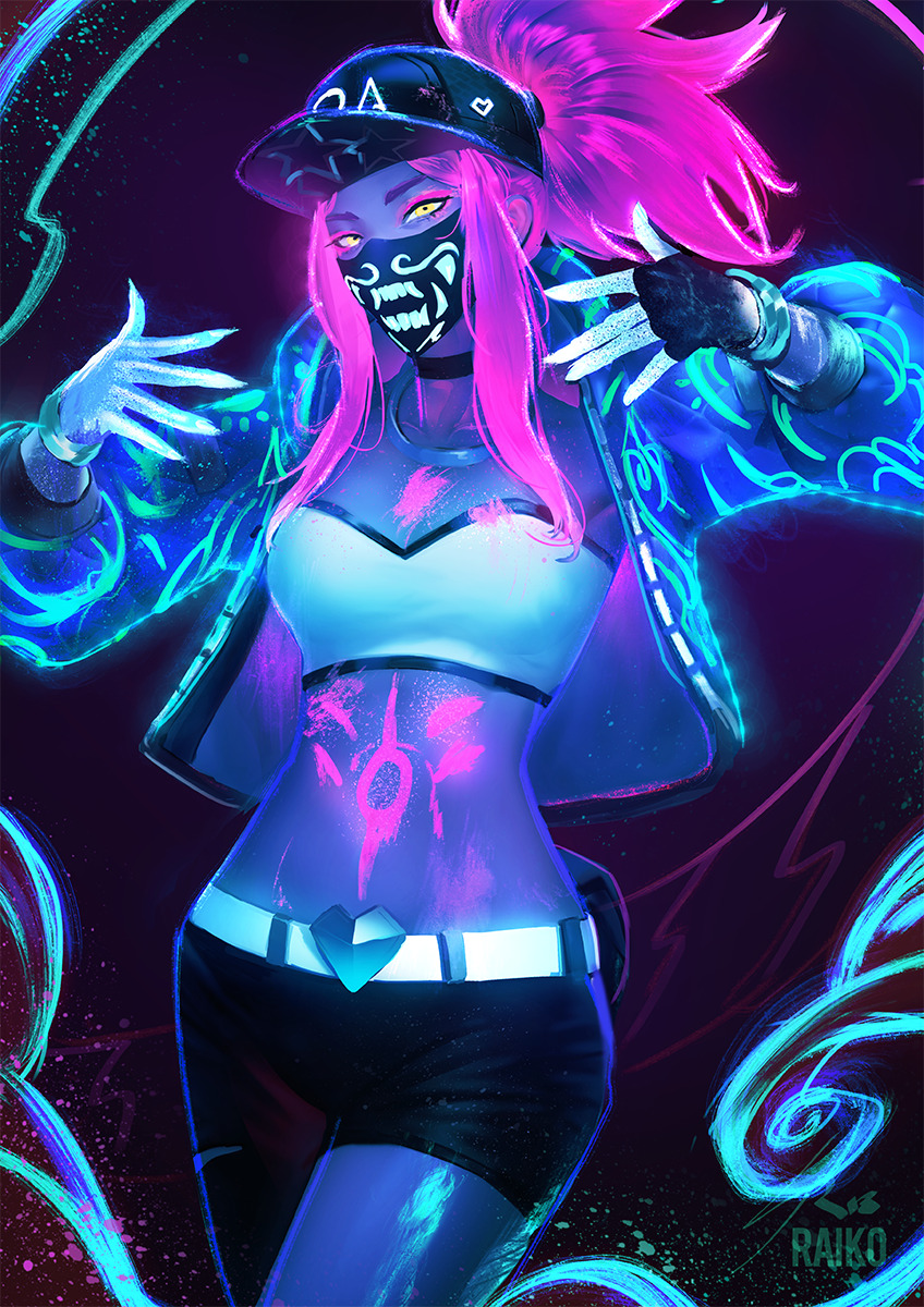 1girl akali artist_name asymmetrical_clothes asymmetrical_legwear bangle belt bodypaint bracelet breasts choker cleavage cowboy_shot cropped_jacket face_mask fingerless_gloves gloves glowing hat highres idol jacket jewelry k/da_(league_of_legends) k/da_akali league_of_legends looking_at_viewer makeup mask medium_breasts microphone midriff nail_polish navel necklace open_clothes open_jacket ponytail purple_hair raikoart single_glove single_pantsleg solo strapless tubetop ultraviolet_light yellow_eyes